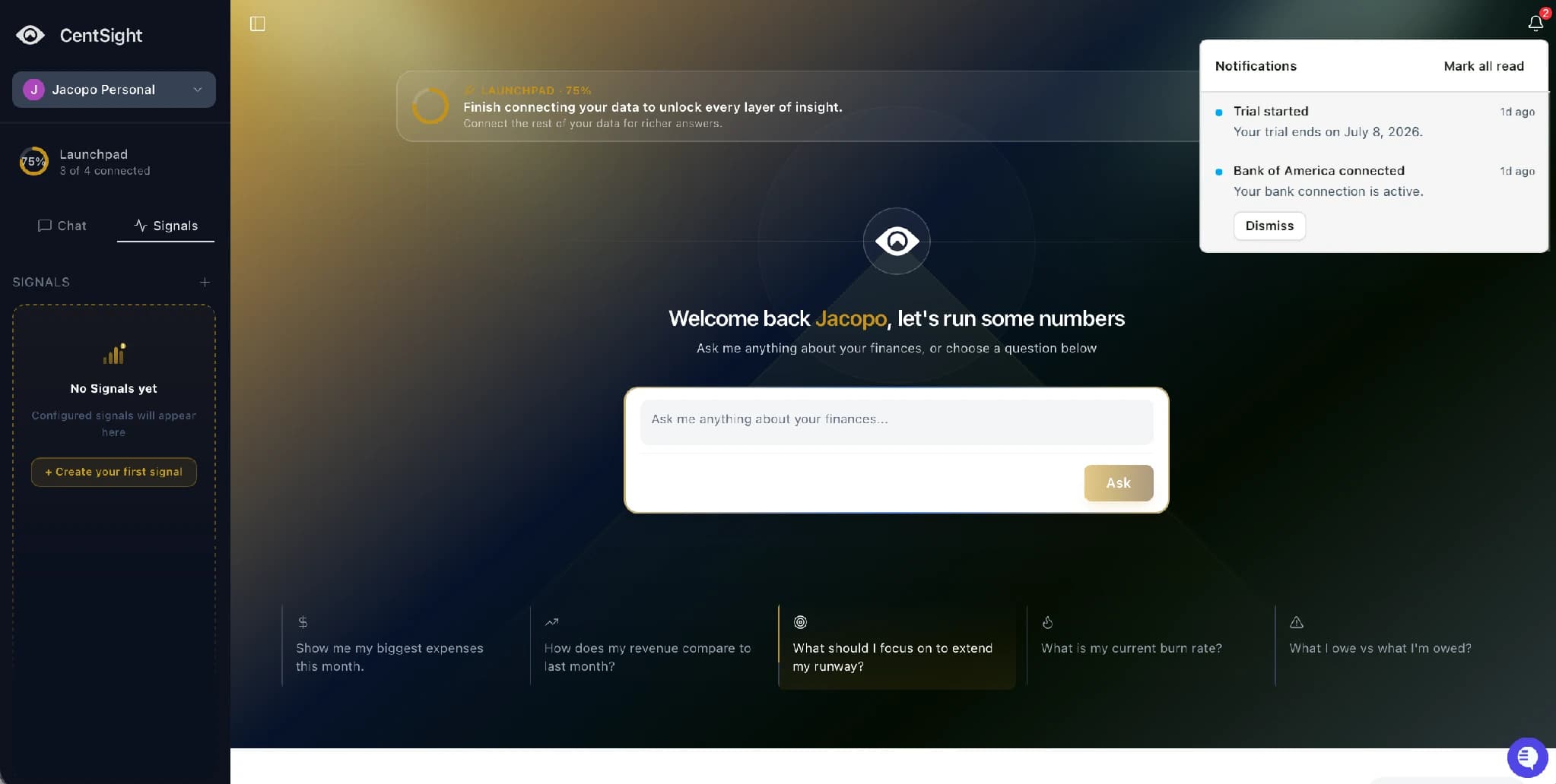 CentSight home screen with a notification panel confirming Bank of America connected and the bank connection active.