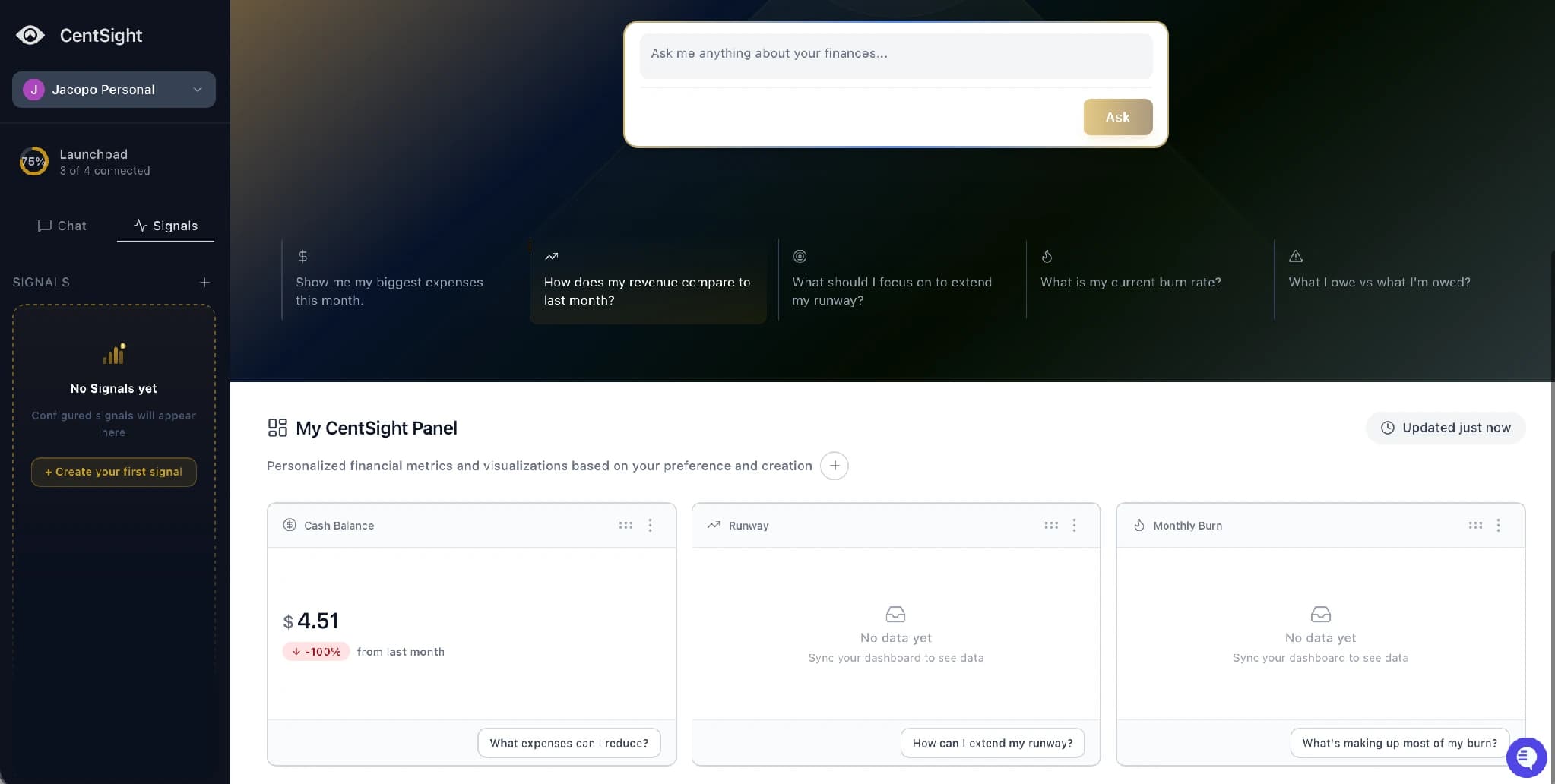 CentSight Panel dashboard with Cash Balance, Runway, and Monthly Burn tiles and a last-updated timestamp near the top right.