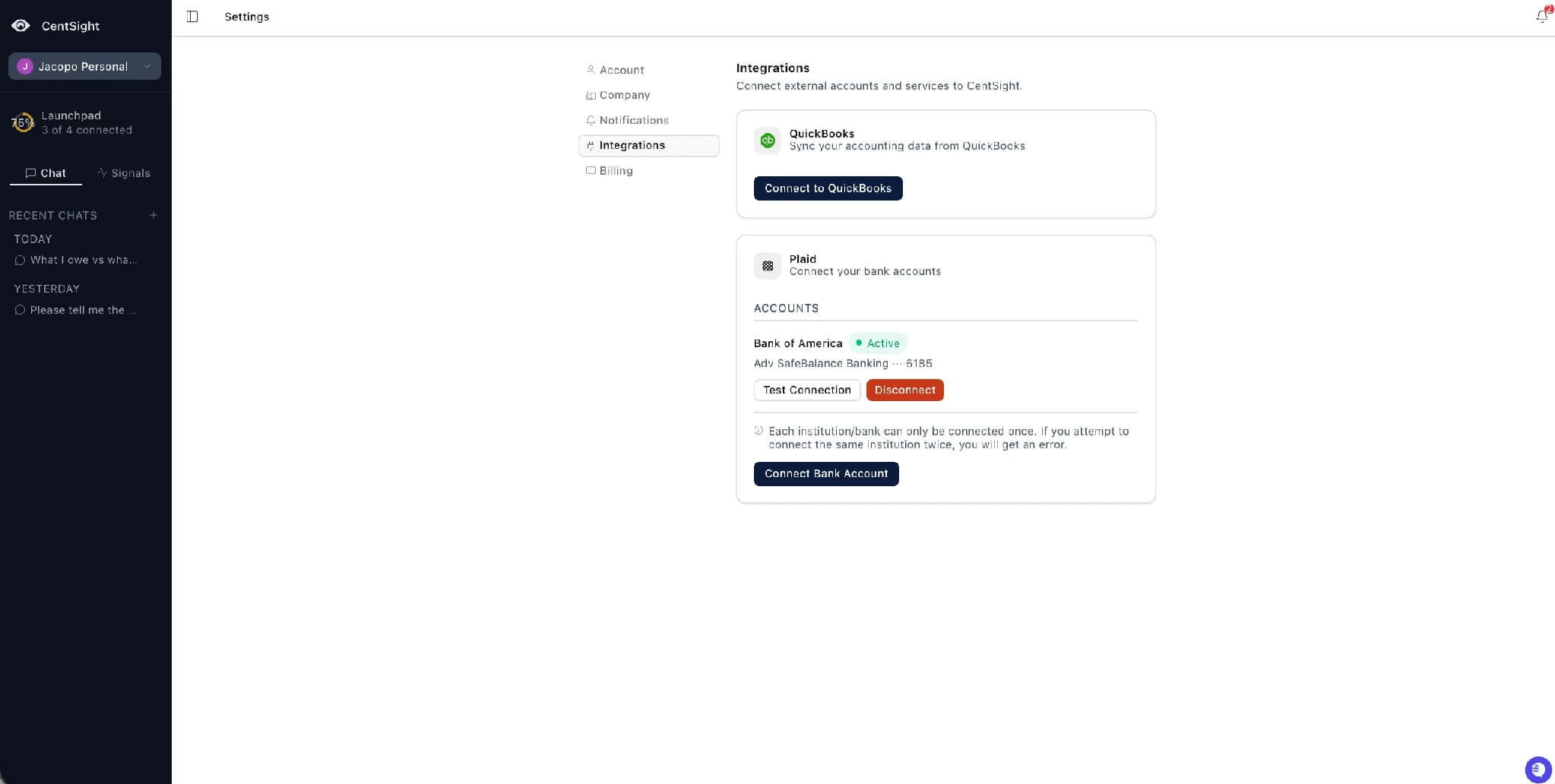 CentSight Settings Integrations page where a QuickBooks or bank connection can be reconnected and managed.
