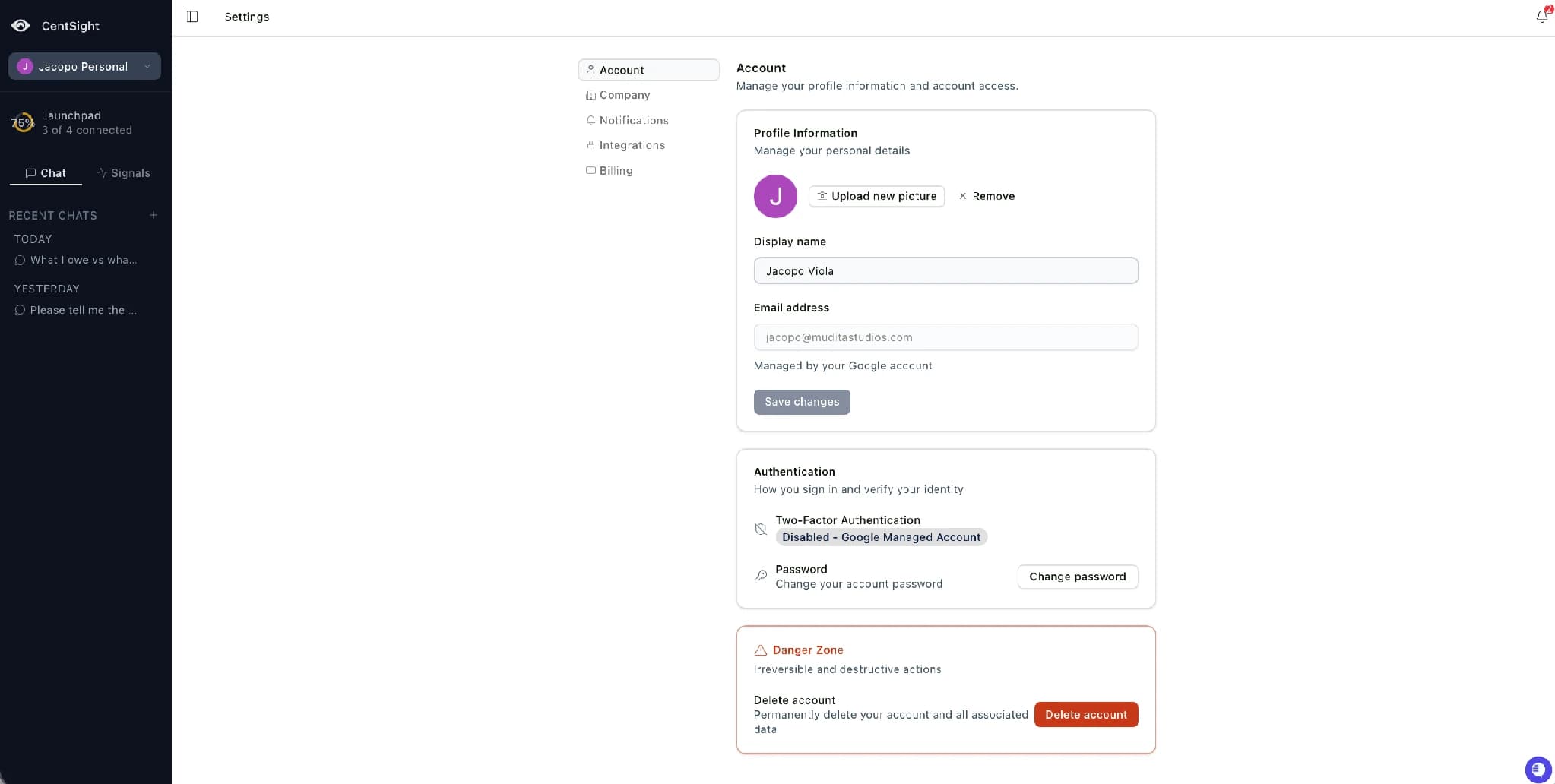 CentSight Settings Account page showing profile details, authentication options, and the Danger Zone Delete account button.