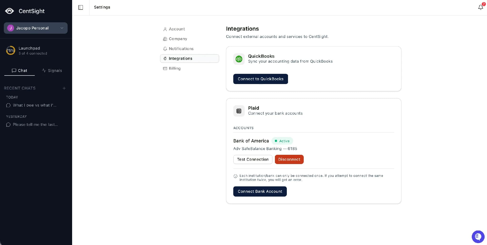 CentSight Settings Integrations page showing the Connect to QuickBooks button and a linked Plaid bank account marked Active.
