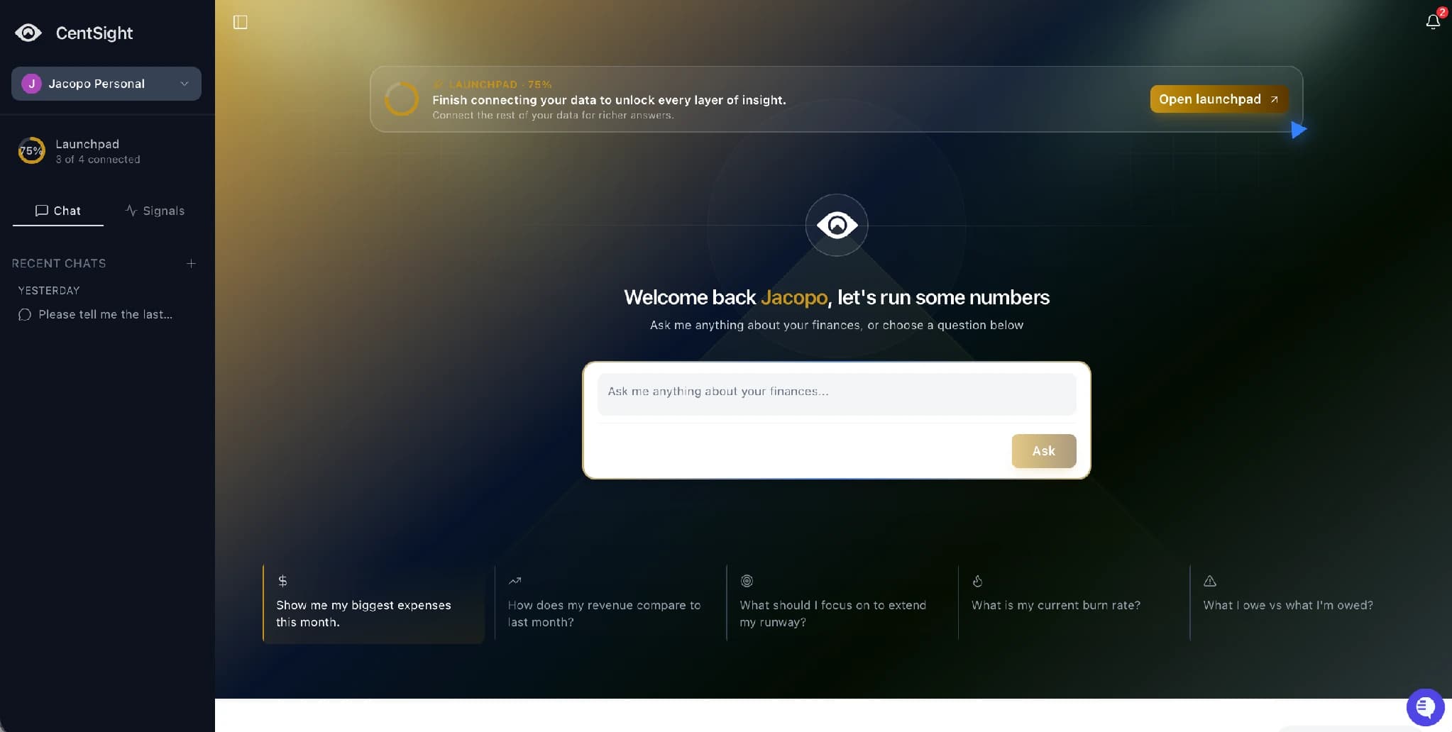 CentSight home screen with an Ask anything box and suggested starter questions about expenses, revenue, and runway.