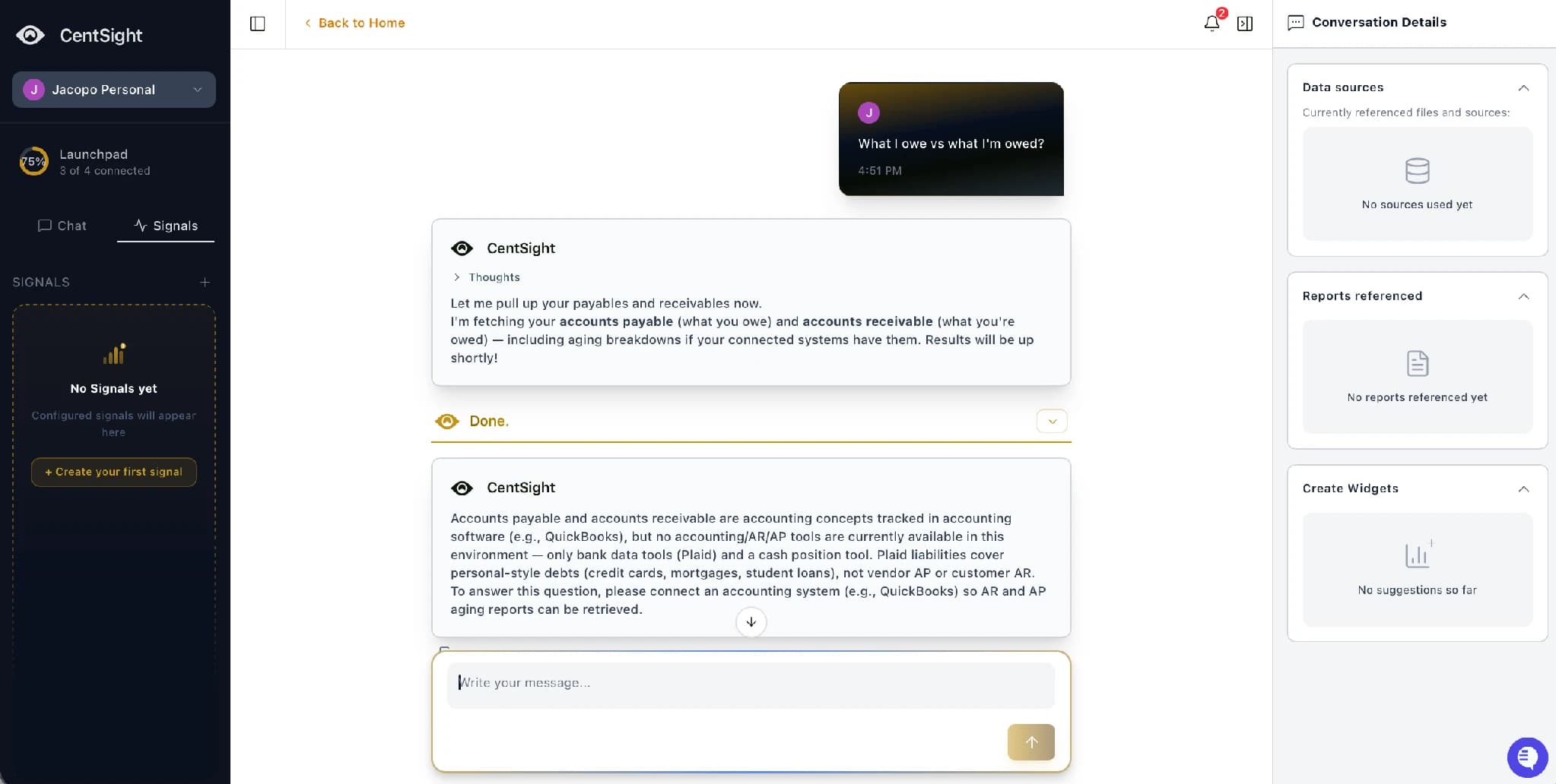 CentSight chat answering a question with the Conversation Details panel listing data sources and reports referenced.