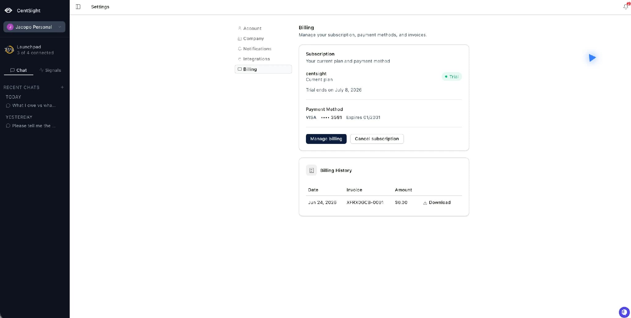CentSight Settings Billing page showing the current plan, trial end date, saved payment method, and billing history.