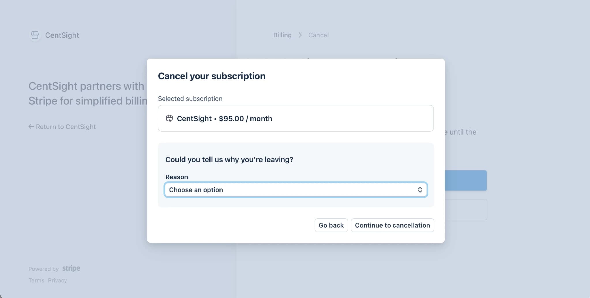 Stripe cancellation screen for the CentSight subscription at $95.00 per month, asking for a cancellation reason.