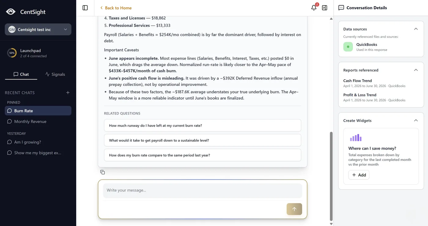 CentSight chat answer with QuickBooks data sources